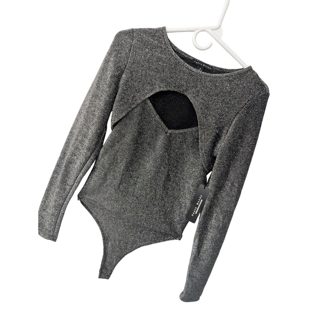NWT! HAUTE MONDE! 2 PC BLACK WITH SILVER METALLIC STRETCH JACKET & BODYSUIT! S